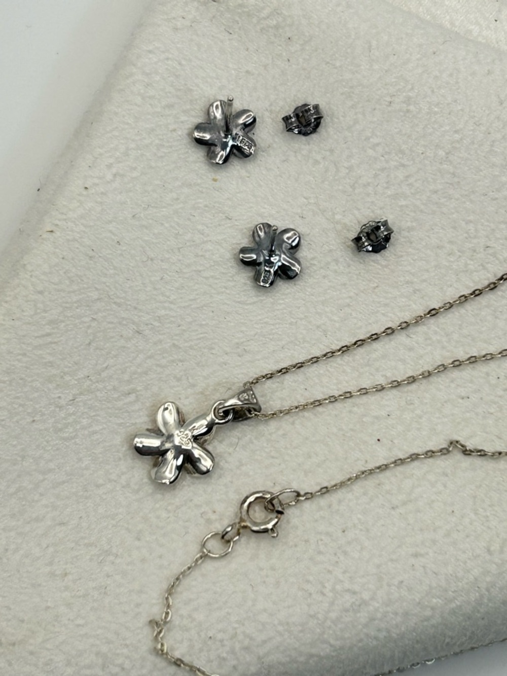 Sterling Silver Plumeria Necklace Earrings Set Stamped 925 Smoky Gray Studs - Picture 10 of 15